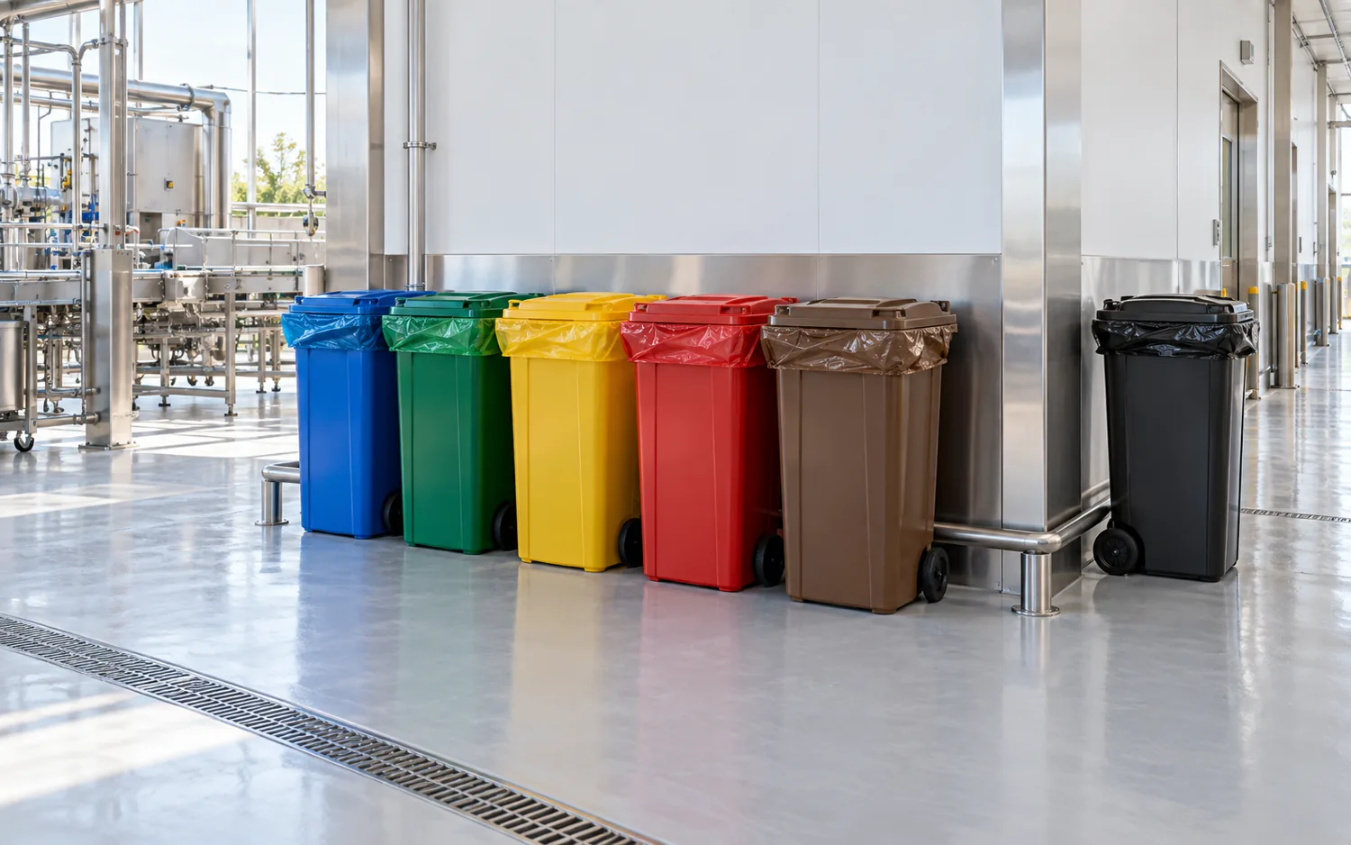 Ambiente industrial organizado com recipientes coloridos para coleta