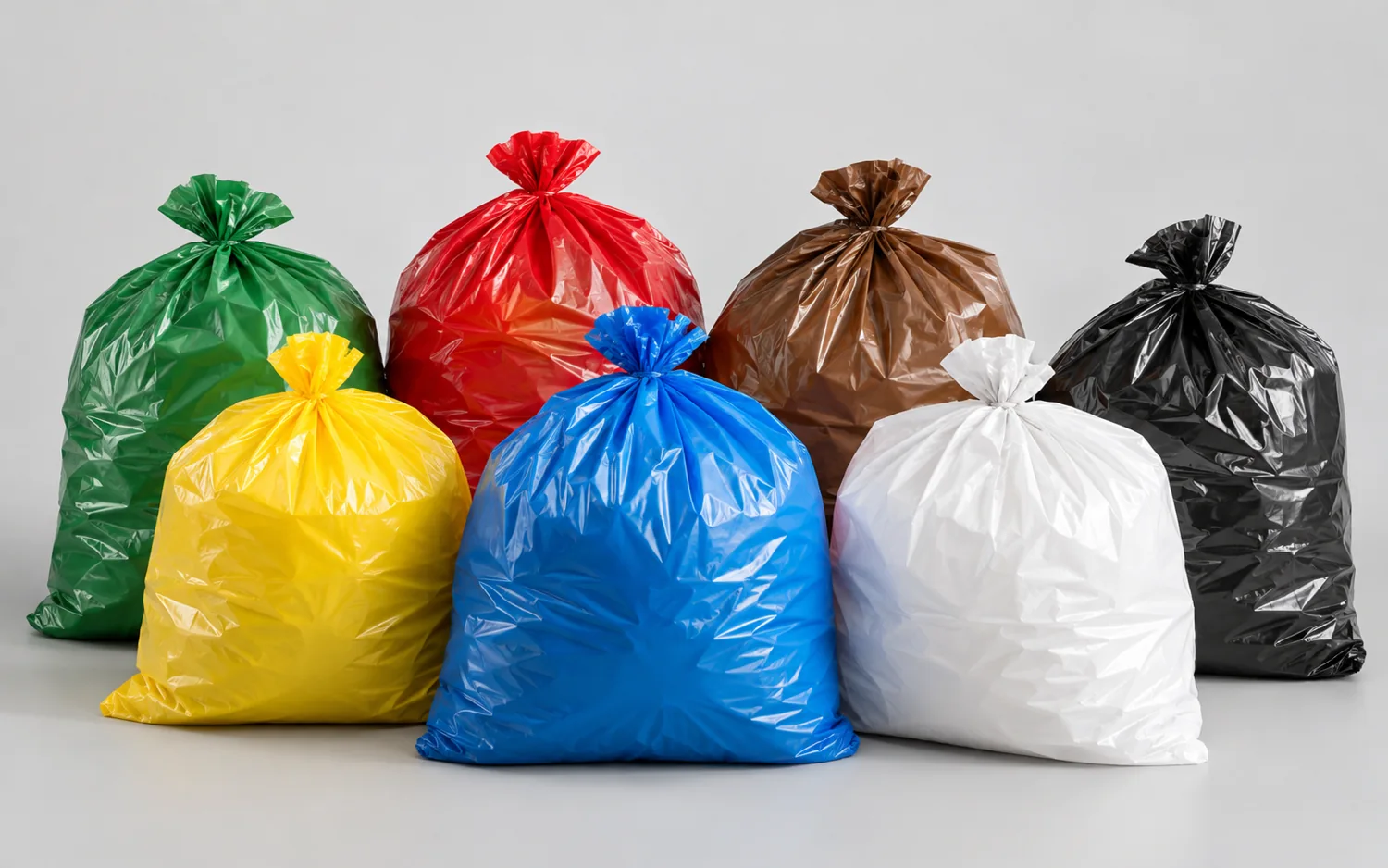 Sacos plásticos nas cores verde, amarelo, azul, vermelho, marrom, branco e preto